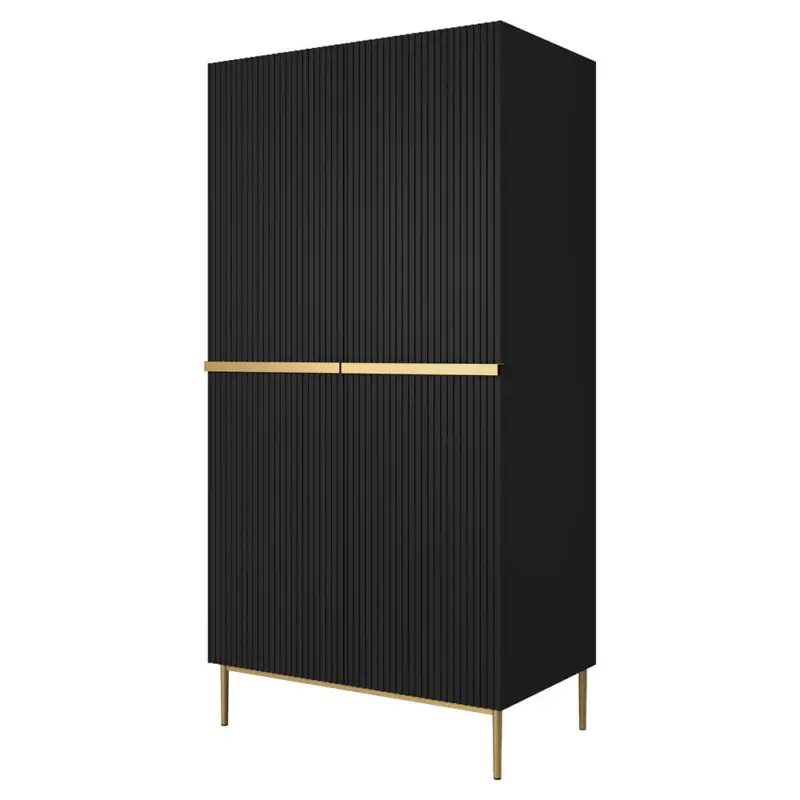 Schlafzimmer Kleiderschrank mit 100 cm Breite in schwarz matt mit goldenen Füßen & Griffleisten, 2 Türen & 2 innenliegende Schubladen mit gerillter Front - NAVASOTA-141 Letzte Chance