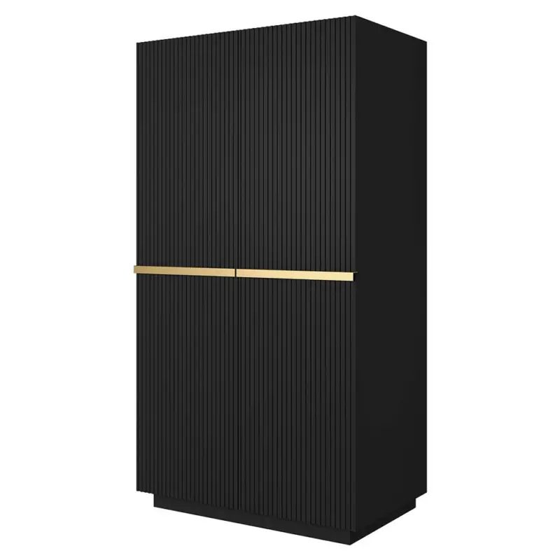 Nur Heute Schlafzimmer Kleiderschrank mit 100 cm Breite in schwarz matt mit goldenen Griffleisten, 2 Türen & 2 innenliegende Schubladen mit gerillter Front - NAVASOTA-141