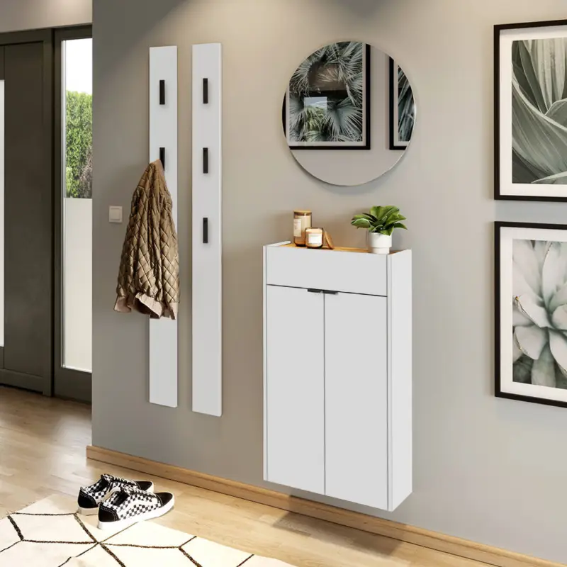 Geprüft Garderobe Flurgarderobe schmal in weiß mit Eiche ABERDEEN-01 modern 4-teilig mit 2 Garderobenpaneelen