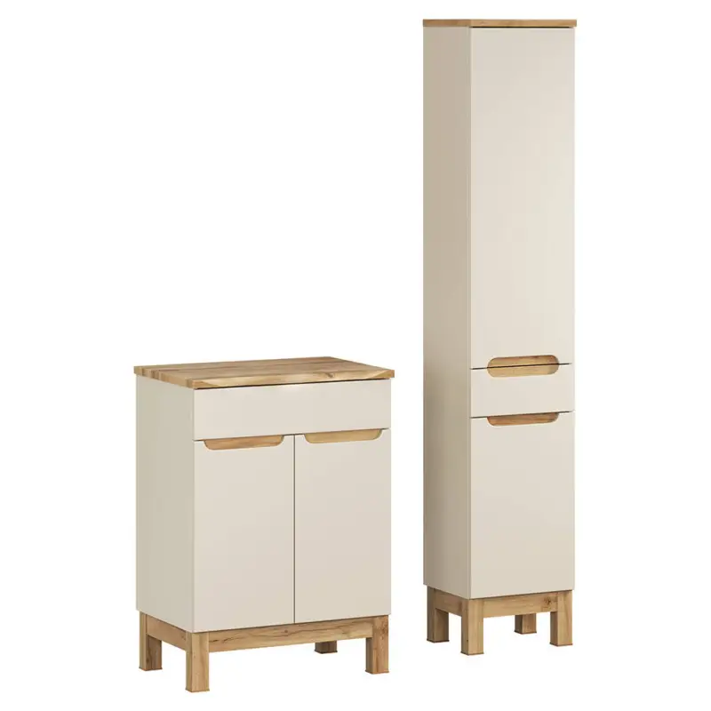 Abverkauf Badmöbel-Set 2-teilig mit 60 cm Waschtischschrank in kaschmir und Eiche mit Baumkantenoptik, modern grifflos - SOLNA-56-CASHMERE