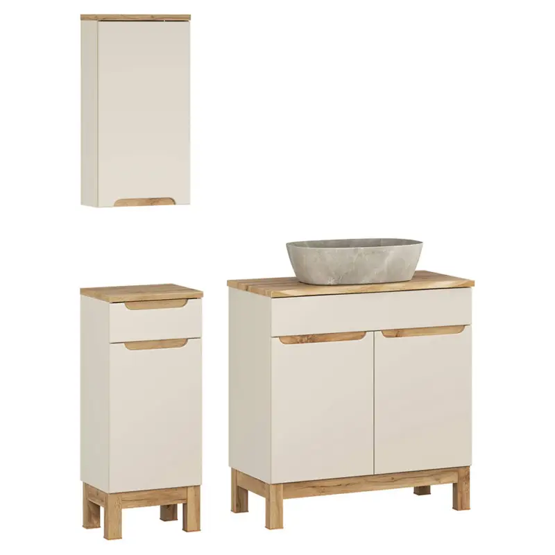 Abverkauf Badmöbel-Set 3-teilig mit 80 cm Waschtisch in kaschmir und Eiche mit Baumkantenoptik, modern grifflos - SOLNA-56-CASHMERE