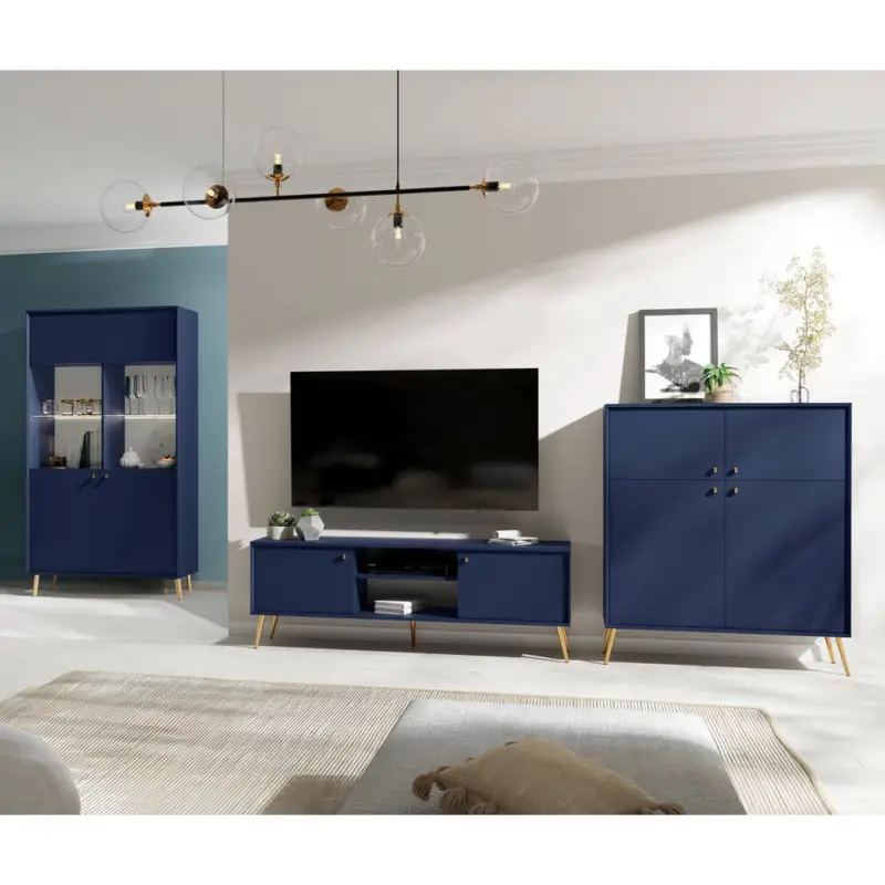 Wohnwand blau modern, goldene Füße, mit Highboard & Vitrine mit LED Beleuchtung, 3-teilig RIPLEY-166 Neu