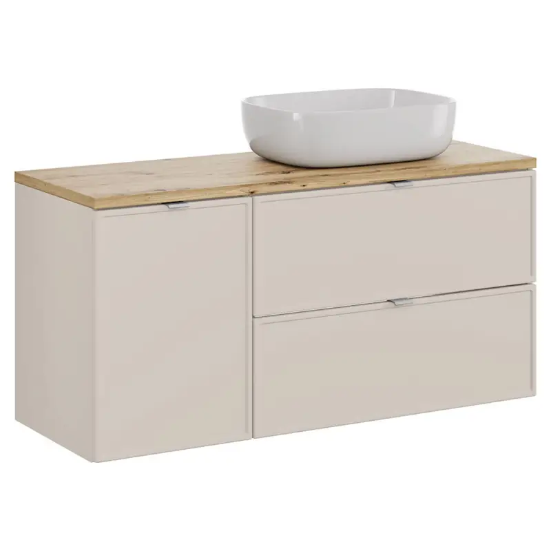 Badezimmer-Waschtisch 120 cm in Kaschmir & Eiche mit Wäschekorb & Aufsatzwaschbecken - BIBIONE-56 Heißes Angebot
