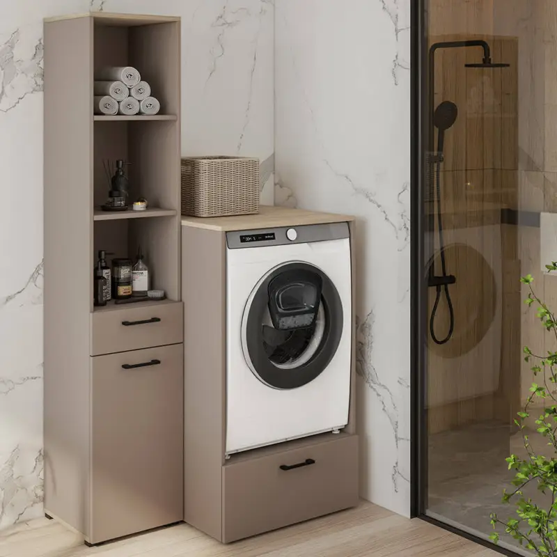 Hauswirtschaftsraum-Set in beige mit Eiche, Waschmaschinenschrank & Hochschrank, 2-teilig - RISAN-83 Online Kaufen