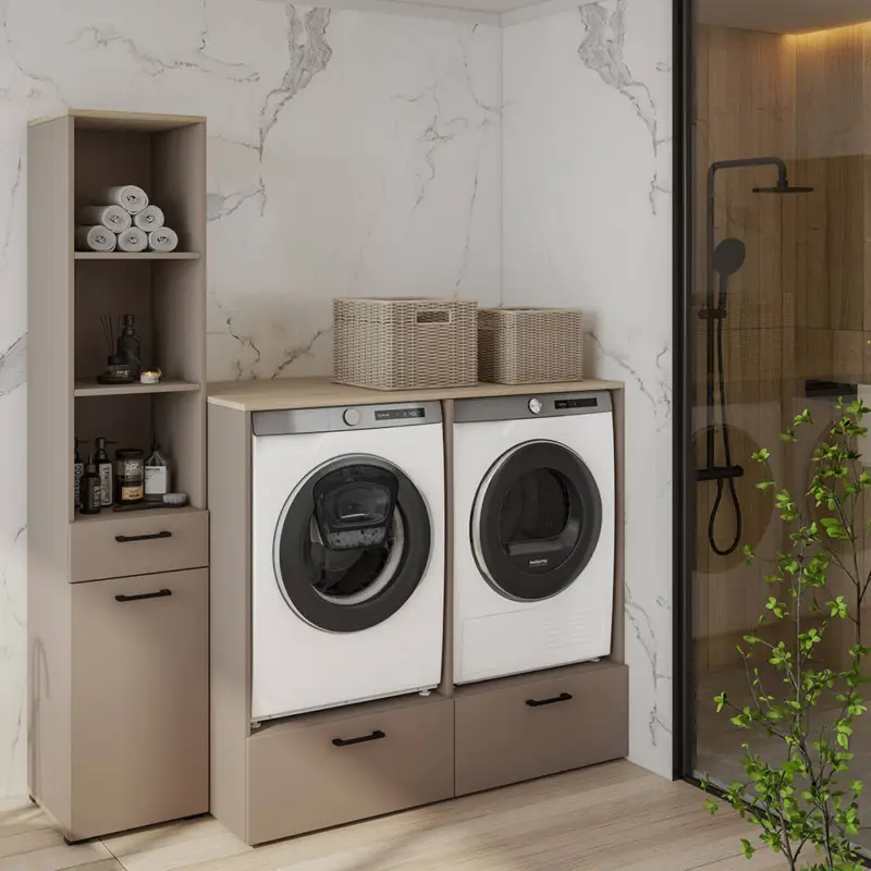 Ausverkauf Hauswirtschaftsraum-Set in beige mit Eiche, Umbauschrank für Waschmaschine und Trockner, Hochschrank, 2-teilig - RISAN-83