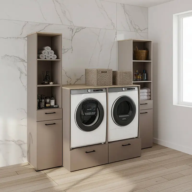 Garantierte Lieferung Hauswirtschaftsraum-Set in beige mit Eiche, Umbauschrank für Waschmaschine und Trockner, 2 Hochschränke, 3-teilig - RISAN-83