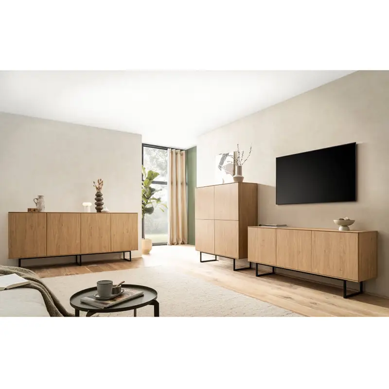 Wohnzimmer-Set in Eiche mit Highboard, Lowboard & Sideboard, Metallgestelle, 3-teilig - KASOL-61 Kracherpreis