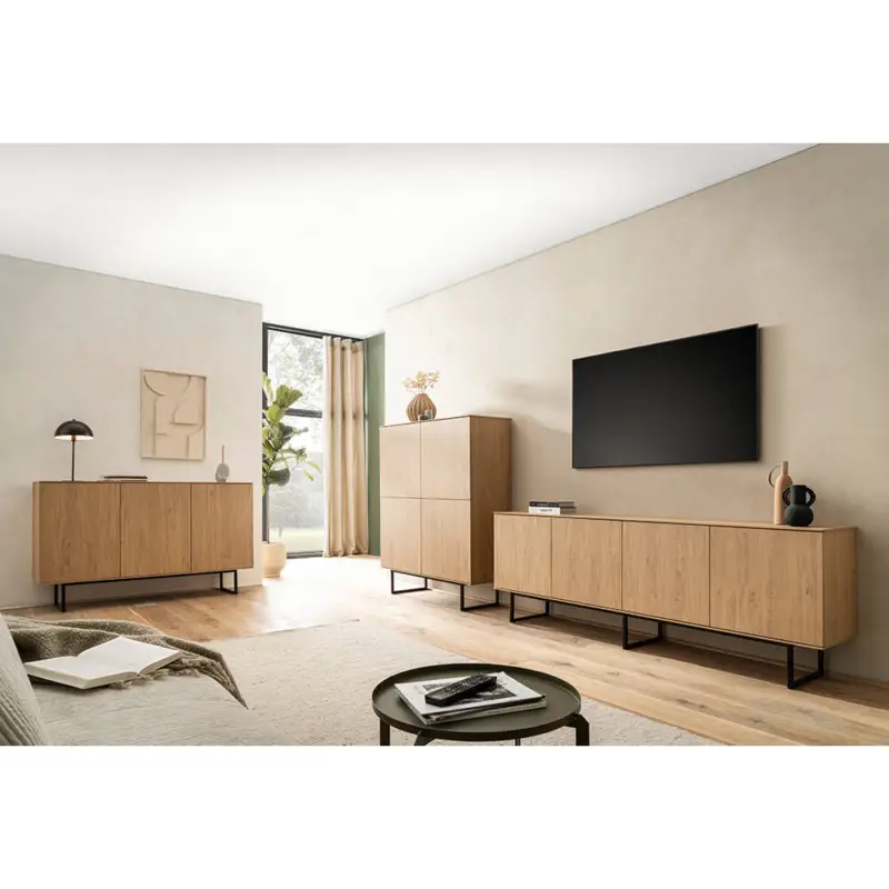Aktuell Wohnzimmer-Set in Eiche mit Lowboard, Highboard & Sideboard, Metallgestelle, 3-teilig - KASOL-61