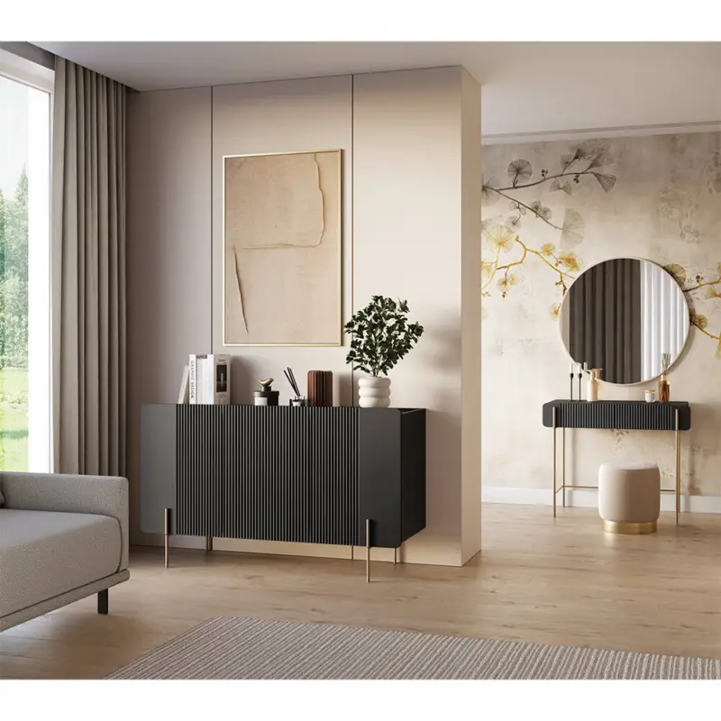 Schnäppchen Schlafzimmer-Set in Schwarz matt mit goldfarbenen Metallbeinen & Rillenfront, 2-teilig - MEAFORD-141