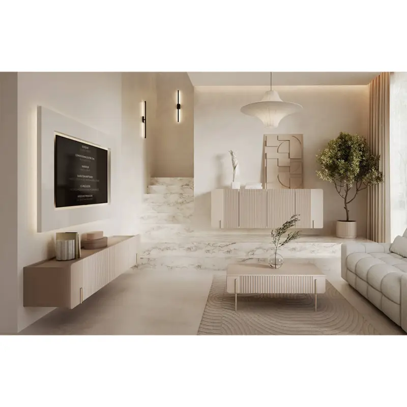 Neu Wohnzimmer-Set in Kaschmir, Rillenfront & goldfarbene Akzente, 3-teilig - MEAFORD-141