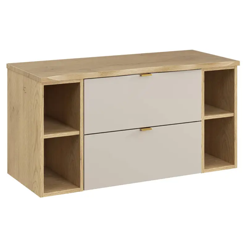 Neu Badezimmer Waschtischunterschrank mit 100 cm Breite in kaschmir & Eiche mit Baumkantenoptik, 2 Schubladen & 4 offene Fächer - DURANGO-56