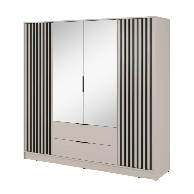 Neu Im Sortiment Schlafzimmer Kleiderschrank mit Spiegel, 206 cm Breite, Kaschmir mit Schwarz, Akustikpaneel-Optik, 4-türig - NAMUR-160