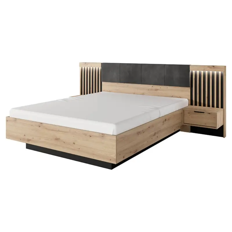 Schlafzimmer-Set mit Bett 160x200 cm inkl. Lattenrost aufklappbar, 2 Nachtkommoden mit Beleuchtung, in Eiche mit Anthrazit, Lamellen - TALCA-167 Sale