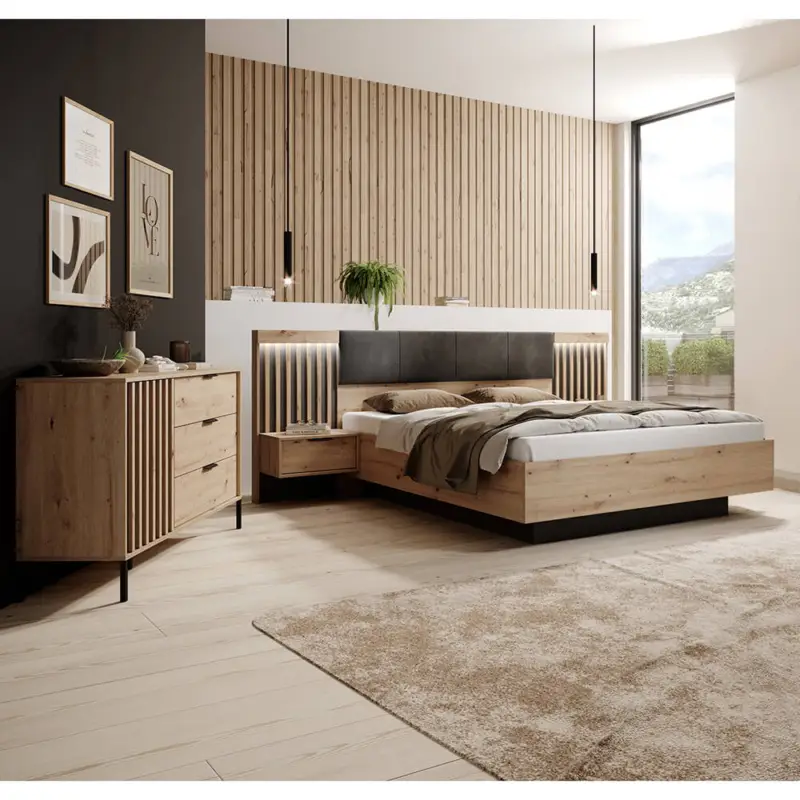 Schlafzimmer-Set mit Bett 160x200 cm, 2 Nachttische mit Beleuchtung & Kommode, in Eiche mit Anthrazit, Lamellen - TALCA-167 Kracherpreis