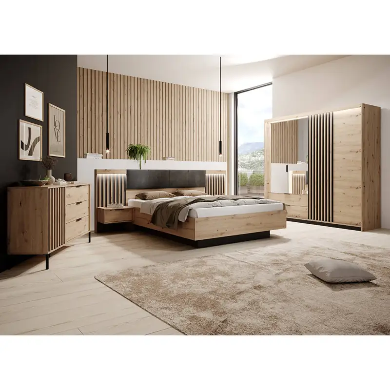 Billig Schlafzimmer-Set 5-teilig mit Bett 160x200 cm, 2 Nachttische, Kleiderschrank inkl. Beleuchtung & Kommode in Eiche mit Anthrazit, Lamellen - TALCA-167
