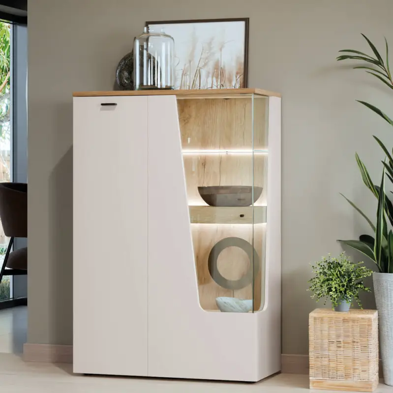 Wohnzimmer Highboard mit 95 cm Breite in Kaschmir und Eiche, 2 Türen mit Vitrinenfach rechts - CARMONA-129 Solange Der Vorrat Reicht