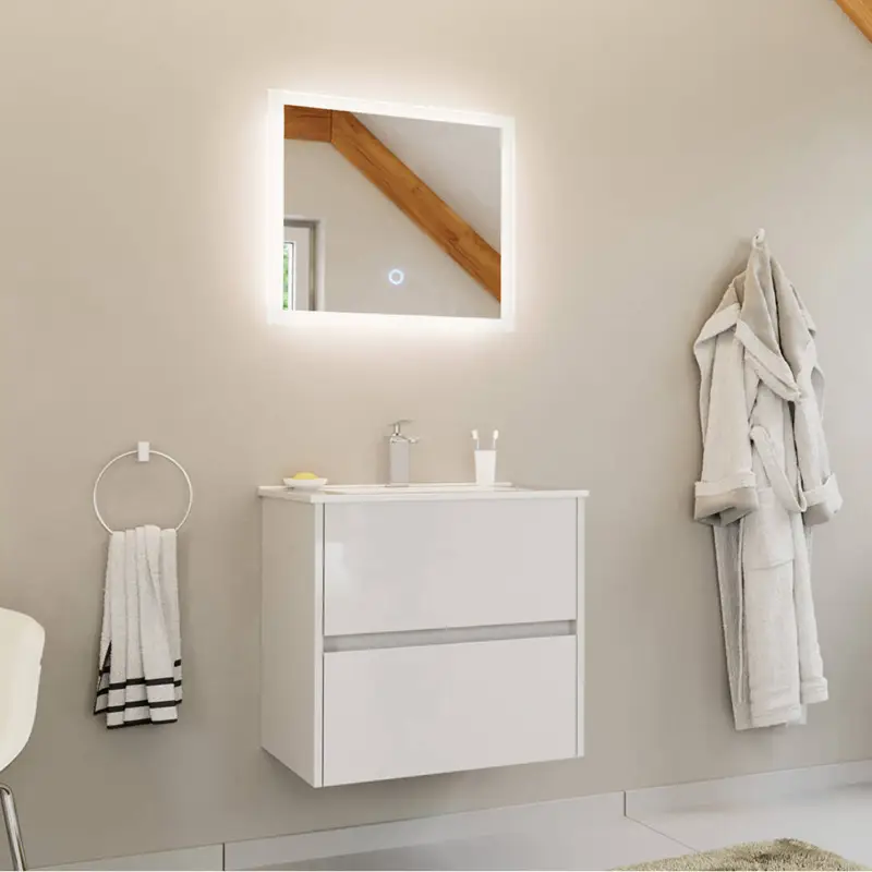 Highlight Badmöbel-Set 2-teilig mit 60 cm Waschtisch und Spiegel mit LED-Beleuchtung in weiß Hochglanz - LIVIGNO-02