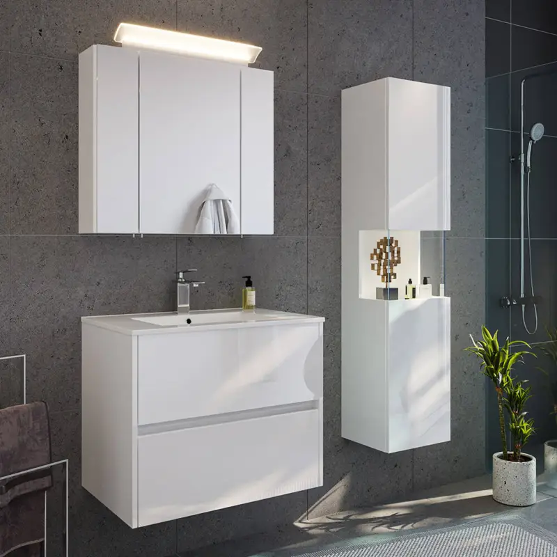 Badmöbel-Set 3-teilig mit 70 cm Waschtisch und Spiegelschrank mit LED-Beleuchtung in weiß Hochglanz - LIVIGNO-02 Super-Preis