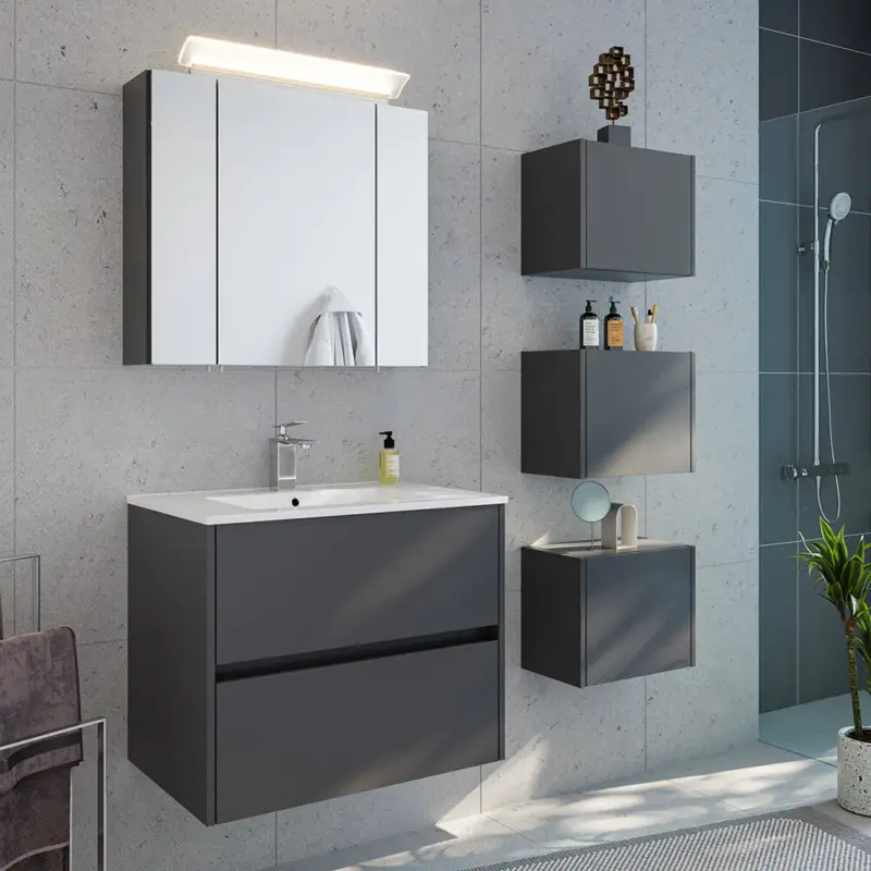 Preisreduziert Badmöbel-Set 5-teilig mit 70 cm Waschtisch und Spiegelschrank mit LED-Beleuchtung in graphit matt - LIVIGNO-02