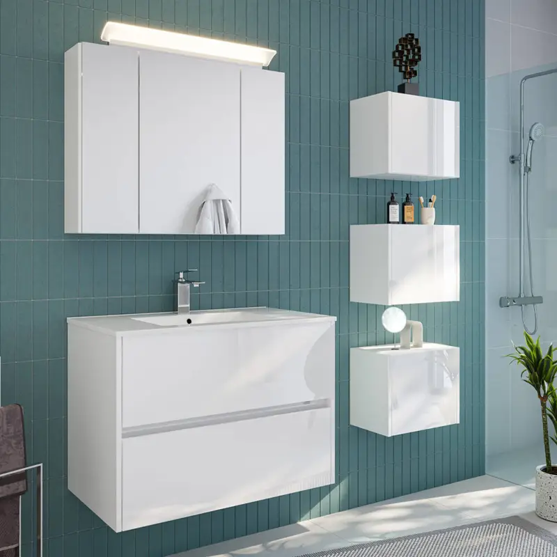 Meistverkauft Badmöbel-Set 5-teilig mit 80 cm Waschtisch und Spiegelschrank mit LED-Beleuchtung in weiß Hochglanz - LIVIGNO-02