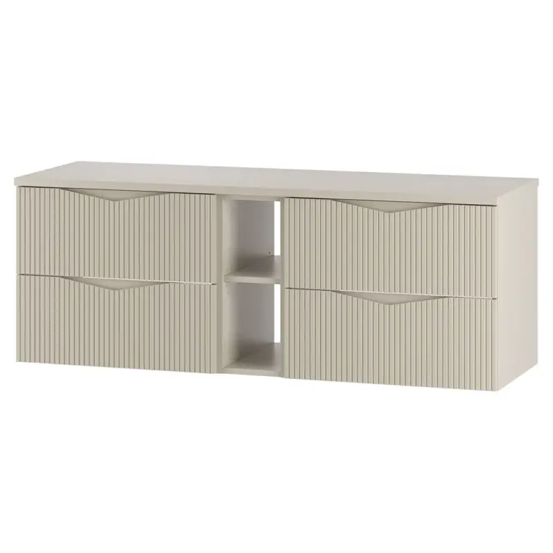 Markenware Badezimmer Doppelwaschtischunterschrank mit 140 cm Breite in beige mit gerillter Front, 4 Schubladen & 2 Fächer - CALURI-140