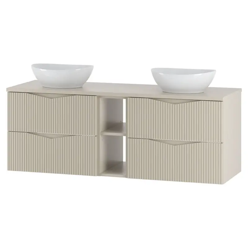 Preiswert Badezimmer Doppelwaschtisch mit 140 cm Breite in beige mit gerillter Front, 4 Schubladen & 2 Fächer - CALURI-140