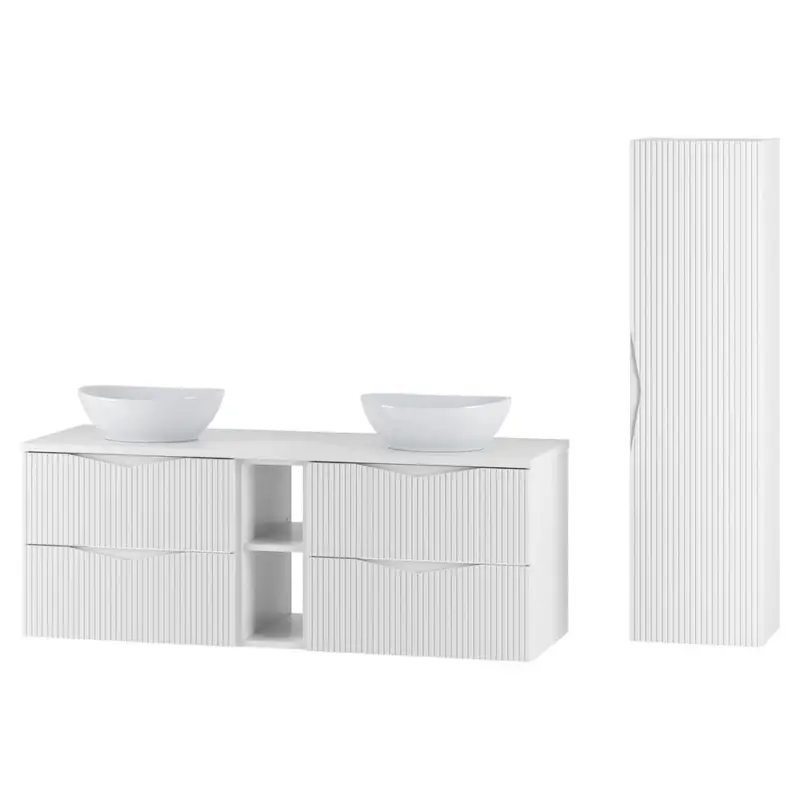 Ausverkauf Badmöbel-Set 2-teilig mit 140 cm Waschtisch in weiß mit gerillter Front - CALURI-140