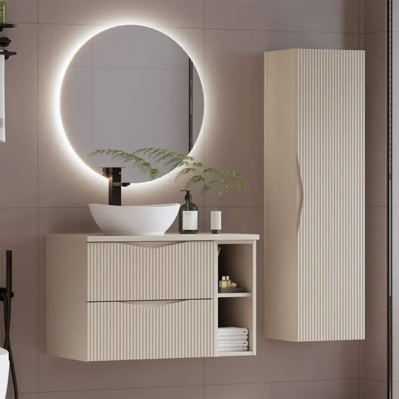 Saisonangebot Badmöbel-Set 3-teilig mit 80 cm Waschtisch & LED-Spiegel in beige mit gerillter Front - CALURI-140