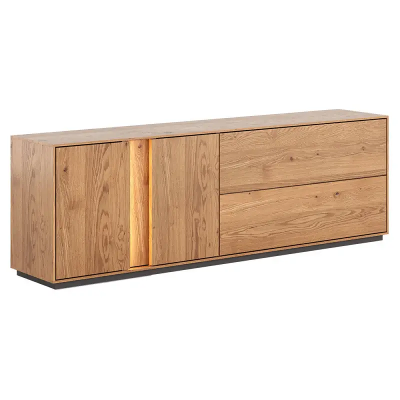 Bestseller Wohnzimmer Lowboard mit 185 cm Breite in Eiche massiv geölt, 2 Türen, 2 Schubladen, inkl. LED-Beleuchtung - CARISOLO-163