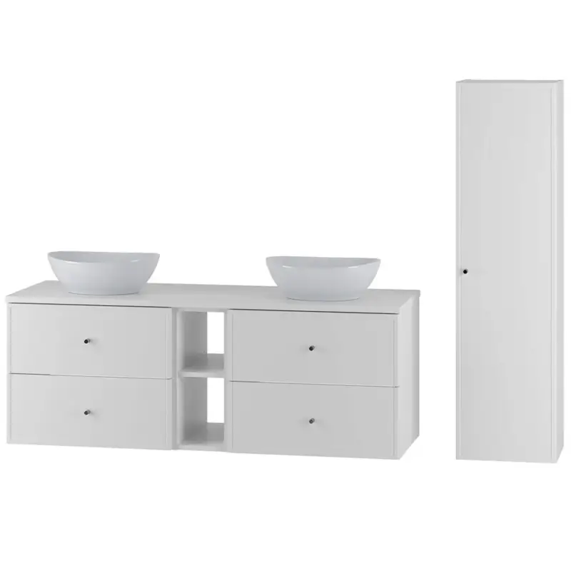 Preis Gesenkt Badmöbel-Set 2-teilig mit 140 cm Waschtisch, Hochschrank & Keramik Waschbecken in weiß mit Softclose-Funktion - MURANO-140