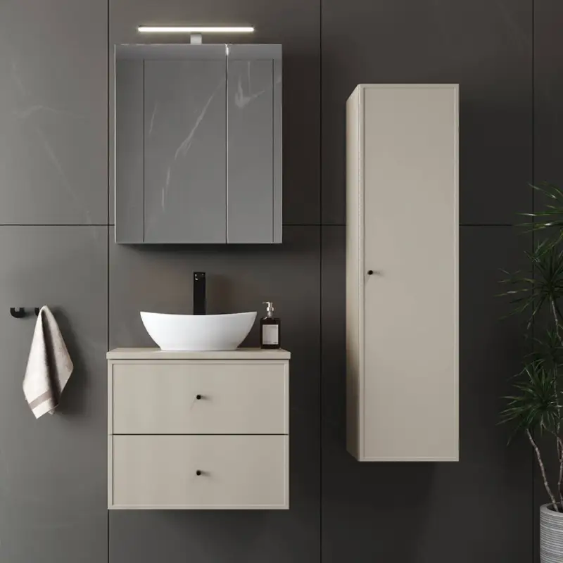 Sale Badmöbel-Set 3-teilig mit 60 cm Waschtisch, Hochschrank & Spiegelschrank in beige - MURANO-140