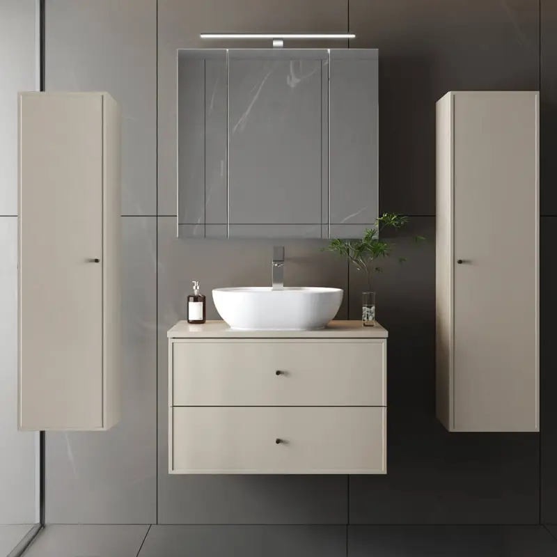 Badmöbel-Set 4-teilig mit 80 cm Waschtisch, 2 Hochschränke & Spiegelschrank in beige - MURANO-140 Meistverkauft