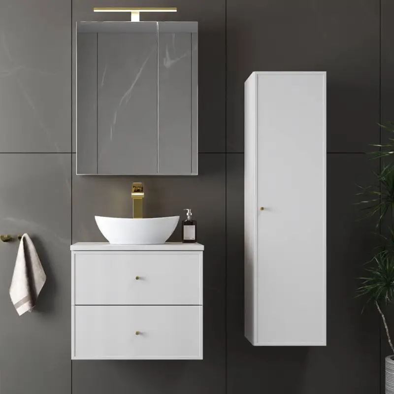 Badmöbel-Set 3-teilig mit 60 cm Waschtisch, Hochschrank & Spiegelschrank in weiß - MURANO-140 Neu