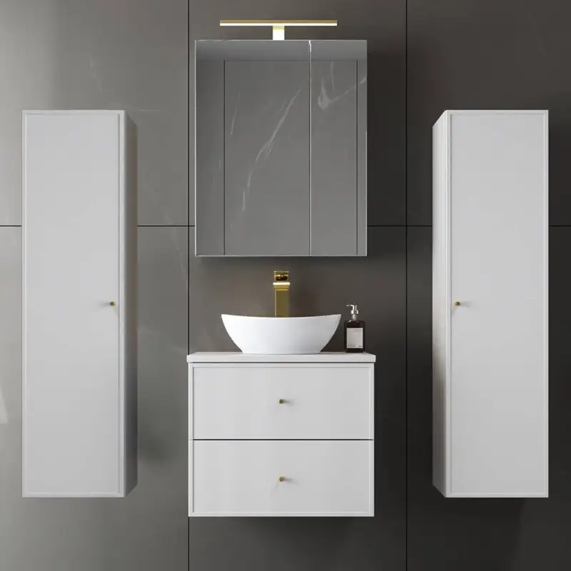 Badmöbel-Set 4-teilig mit 60 cm Waschtisch, 2 Hochschränke & Spiegelschrank in weiß - MURANO-140 Direktkauf