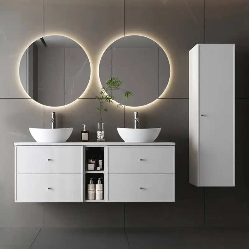 Meistverkauft Badmöbel-Set 4-teilig mit 140 cm Waschtisch, Hochschrank & 2 Spiegeln in weiß - MURANO-140