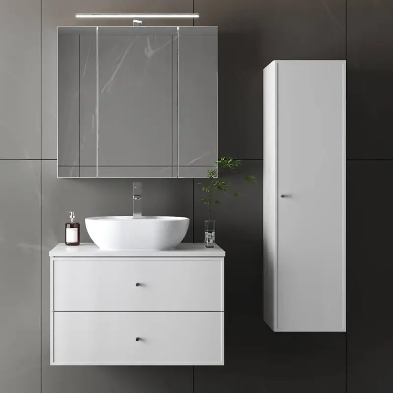 Solange Der Vorrat Reicht Badmöbel-Set 3-teilig mit 80 cm Waschtisch, Hochschrank & Spiegelschrank in weiß - MURANO-140