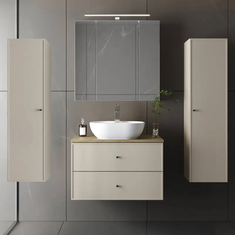 Geprüft Badmöbel-Set 4-teilig mit 80 cm Waschtisch, 2 Hochschränke & Spiegelschrank in beige mit Eiche - MURANO-140