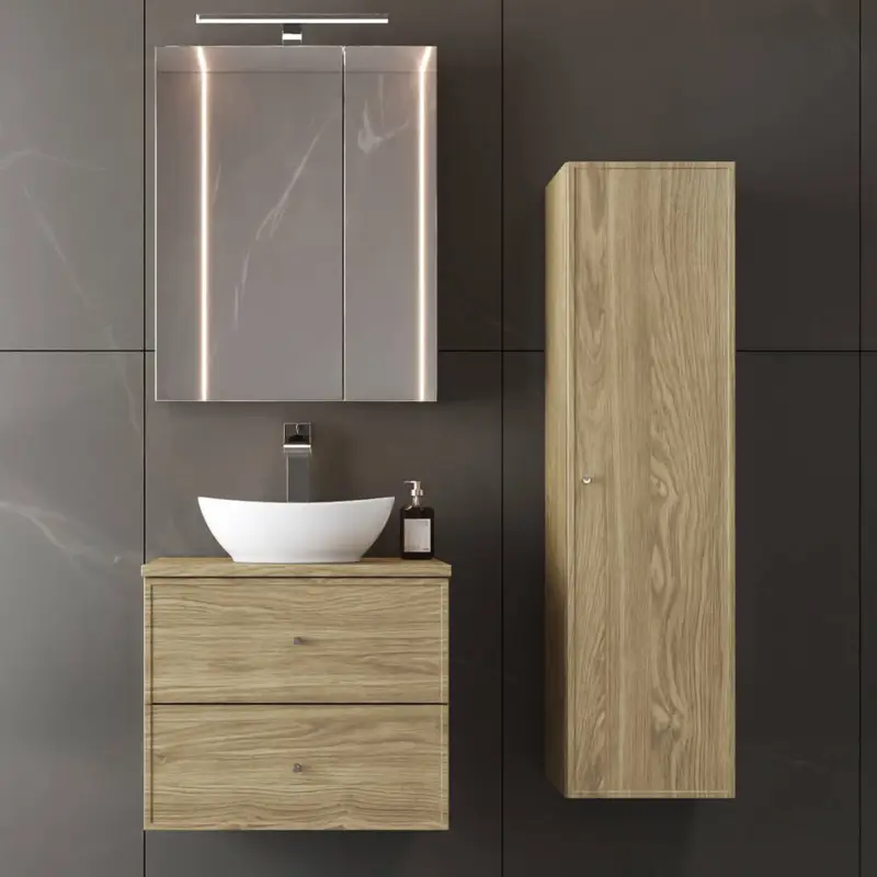 Badmöbel-Set 3-teilig mit 60 cm Waschtisch, Hochschrank & Spiegelschrank in Eiche - MURANO-140 Sonderaktion