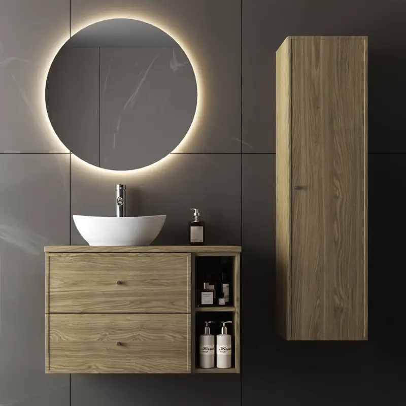 Badmöbel-Set 3-teilig mit 80 cm Waschtisch, Hochschrank & Spiegel in Eiche - MURANO-140 Echt