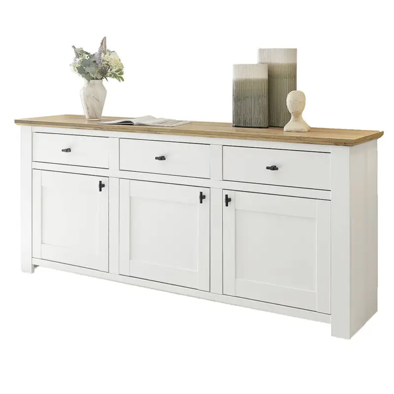 Preisreduziert Wohnzimmer Sideboard 198 cm breit in weiß mit Eiche, 3 Türen & 3 Schubkästen - BANJA-61