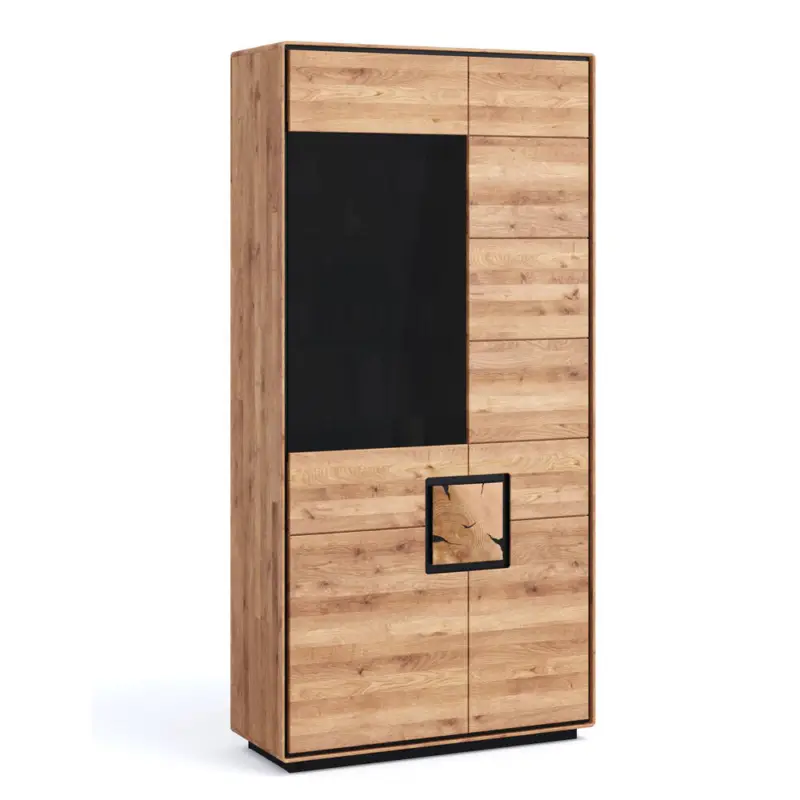 Wohnzimmer Vitrinenschrank, 100 cm breit, Eiche massiv geölt, Hirnholz, fertig montiert - WOODBRIDGE-69 Billig
