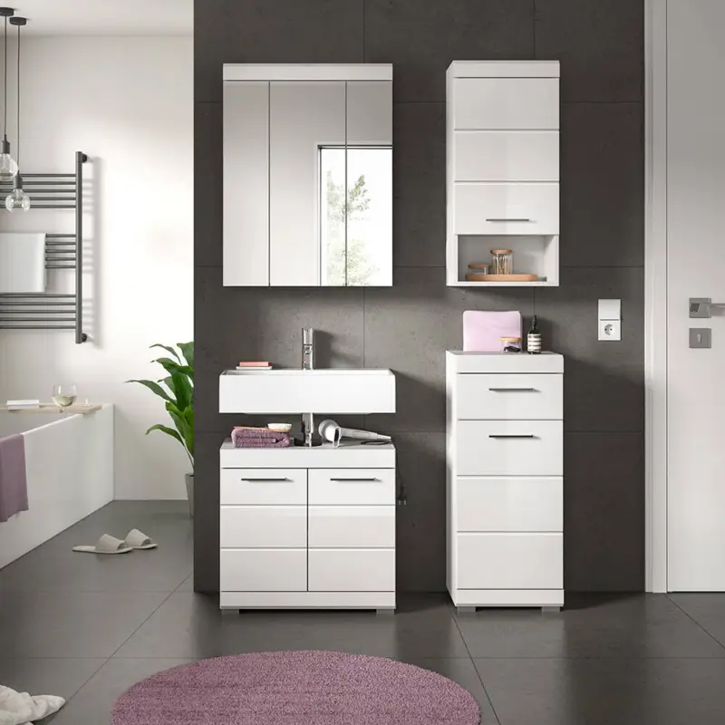 Sale Badezimmer-Set 4-teilig in weiß mit weiß Hochglanz, mit Spiegelschrank - SIROCO-158