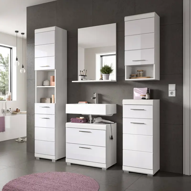 Badezimmer-Set 5-teilig in weiß mit weiß Hochglanz, mit Spiegel - SIROCO-158 Super-Preis