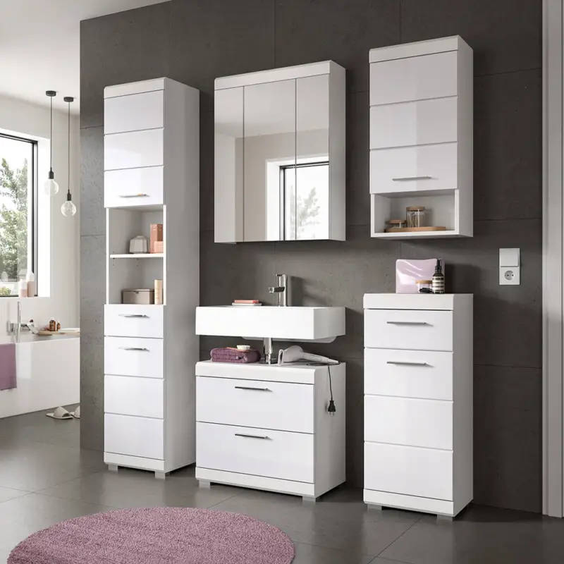 Jetzt Kaufen Badezimmer-Set 5-teilig in weiß mit weiß Hochglanz, mit Spiegelschrank - SIROCO-158