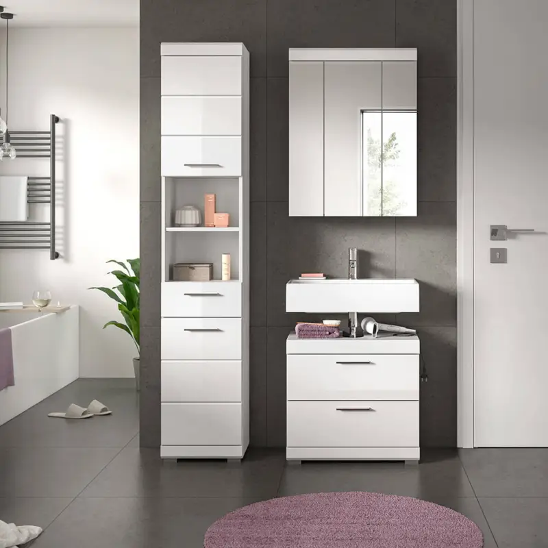 Markenprodukt Badezimmer-Set 3-teilig in weiß mit weiß Hochglanz, mit Spiegelschrank - SIROCO-158