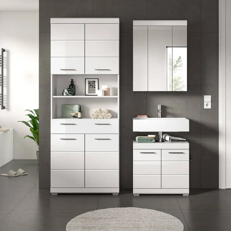 Sonderangebot Badezimmer-Set 3-teilig in weiß mit weiß Hochglanz, mit Spiegelschrank - SIROCO-158
