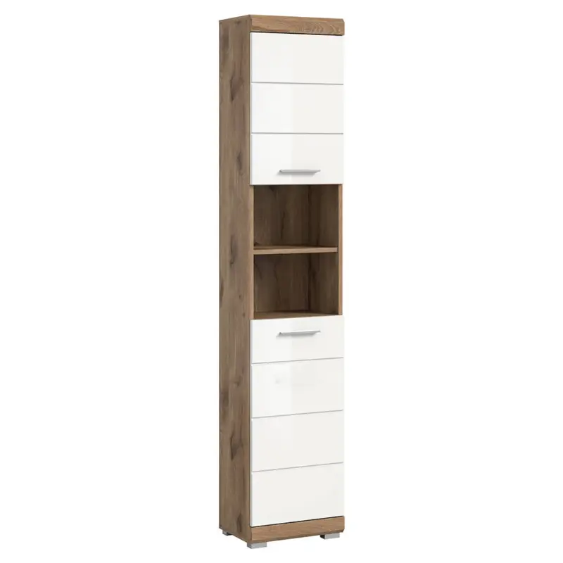 Badezimmer Hochschrank, 37 cm breit, in Eiche dunkel mit weiß Hochglanz - SIROCO-158 Abverkauf