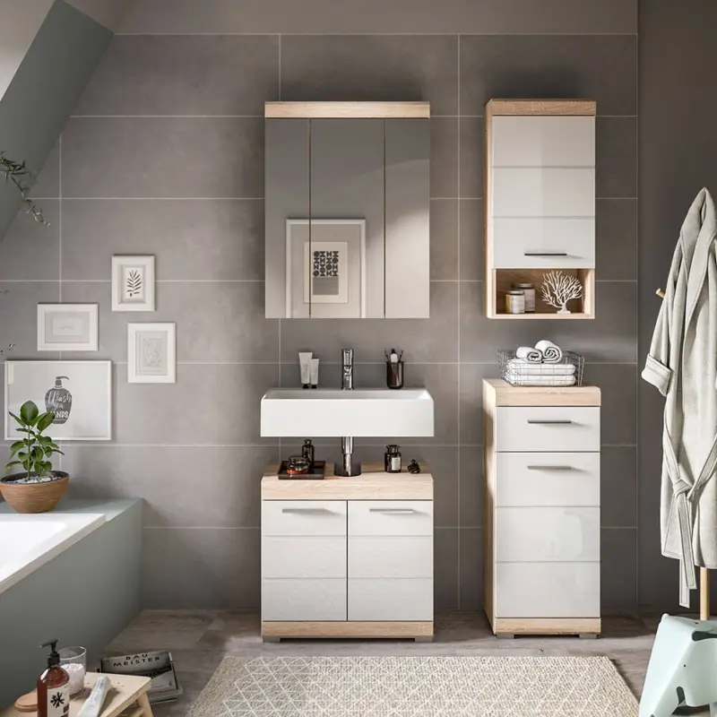 Badezimmer-Set 4-teilig in Sonoma Eiche mit weiß Hochglanz, mit Spiegelschrank - SIROCO-158 Billig