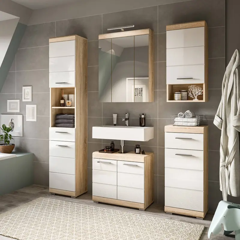 Badezimmer-Set 5-teilig in Sonoma Eiche mit weiß Hochglanz, mit Spiegelschrank inkl. LED-Aufsatzleuchte - SIROCO-158 Ausverkauf