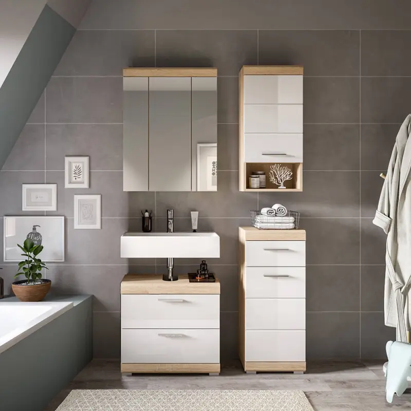 Badezimmer-Set 4-teilig in Sonoma Eiche mit weiß Hochglanz, mit Spiegelschrank - SIROCO-158 Garantierte Lieferung